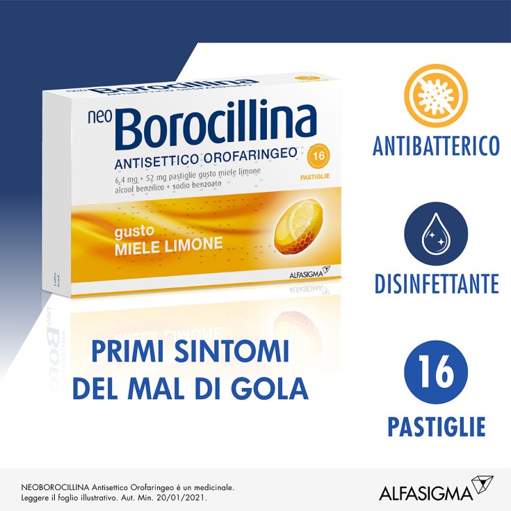 NeoBorocillina Antisettico Orofaringeo Alfasigma 16 Pastiglie Miele Limone NeoBorocillina Antisettico Orofaringeo Alfasigma 16 Pastiglie Miele Limone