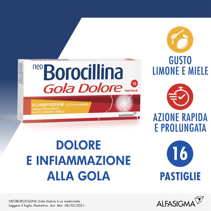 NeoBorocillina Gola Dolore Alfasigma 16 Pastiglie Limone Miele Senza Zucchero NeoBorocillina Gola Dolore Alfasigma 16 Pastiglie Limone Miele Senza Zucchero