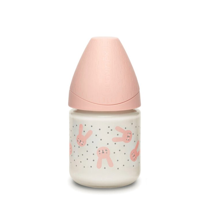 HYGGE Biberon di vetro Tettarella rotonda flusso lento 120ml (coniglio pois rosa) Suavinex