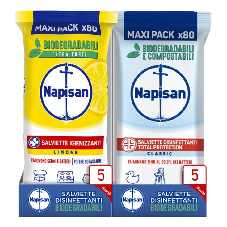 Napisan Salviette Disinfettanti 10x80 Pezzi (5 confezioni Classic Total Protection + 5 confezioni Limone)