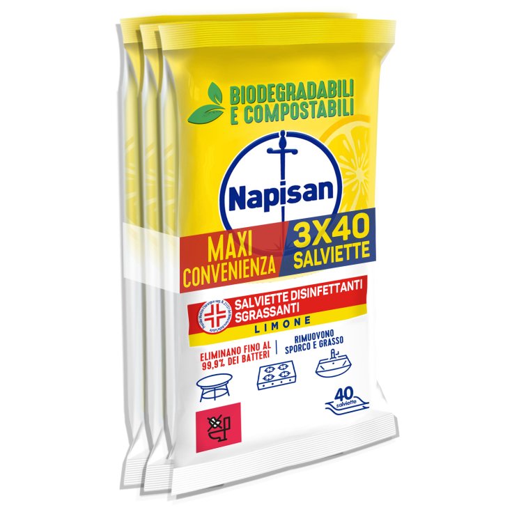 Napisan Salviette Disinfettanti Sgrassanti Biodegradabili al Limone 3x40 Pezzi