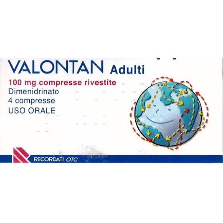 Recordati Valontan Adulti 100mg Prevenzione Nausea Mal Di Mare Auto Aereo Treno 4 Compresse Rivestite