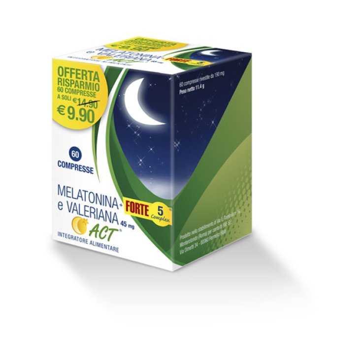 F&F Melatonina ACT + Forte 5 Complex E Valeriana Integratore Alimentare 60 Compresse F&F Melatonina ACT + Forte 5 Complex E Valeriana Integratore Alimentare 60 Compresse