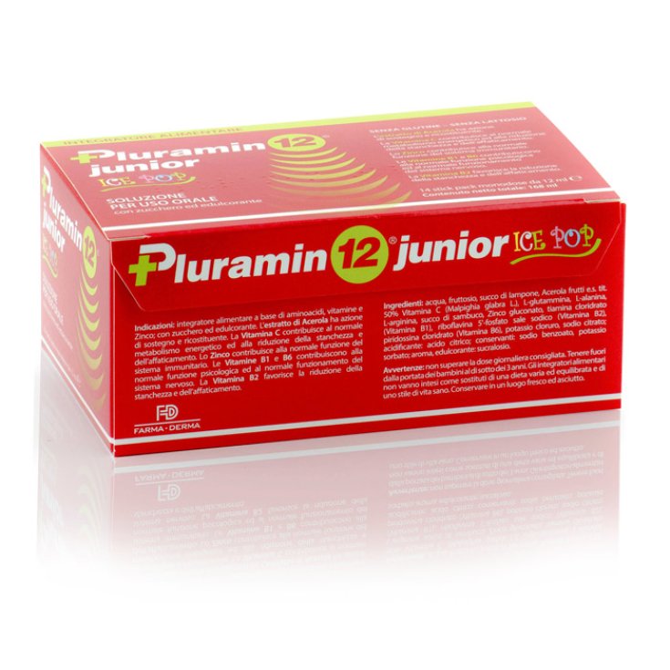 Farma-Derma Pluramin 12&reg; Junior Ice Pop Soluzione Per Uso Orale Integratore Alimentare 14 Stick Pack 12ml
