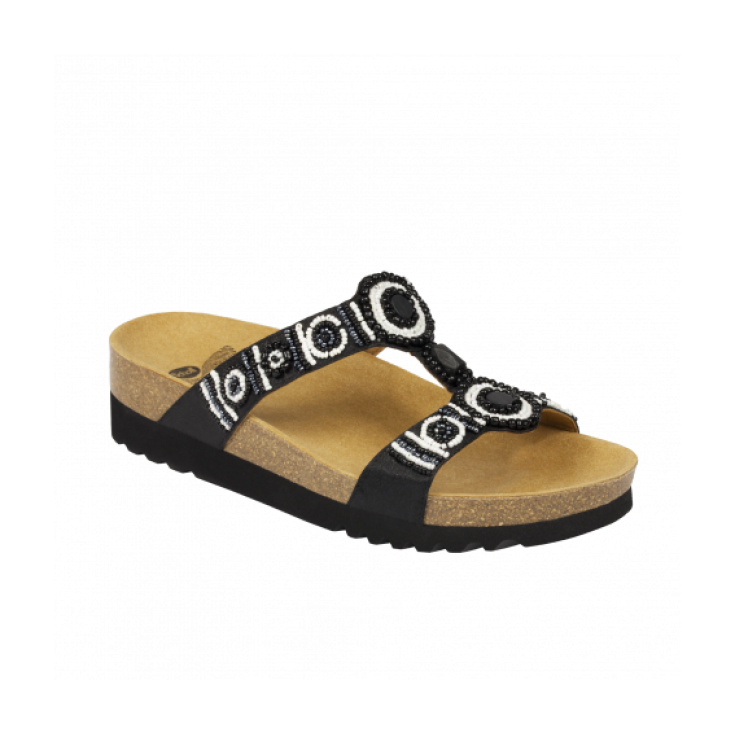 Scholl&reg; New Bogot&agrave; Wedge Sandalo Donna Tessuto+Perline Plantare Bioprint&reg; Colore Black&White Misura 38