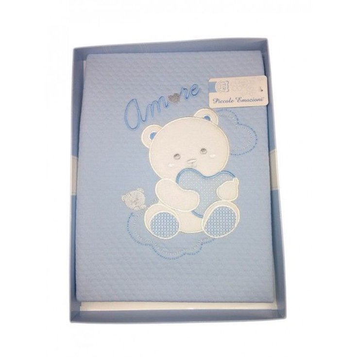 Copertina coperta culla carrozzina bimbo neonato ricamo orsetto amore T&R celeste TU