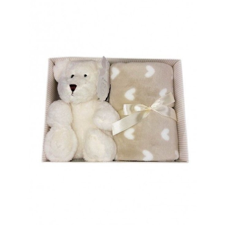 Set 2pz confezione regalo copertina coperta culla carrozzina cuori con peluche bimbo bimba neonato T&R panna beige stelle TU