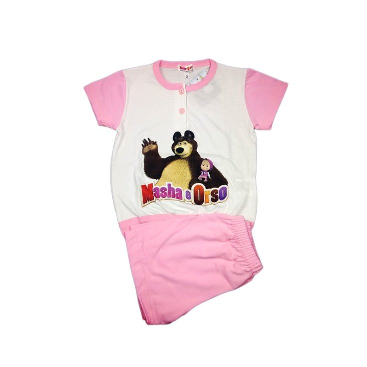 Pigiama completo maglia maglietta pantaloncino bimba bambina Masha e Orso rosa 3A