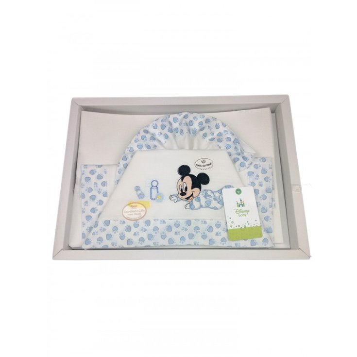 Disney Baby Completo Lenzuolo Lettino Topolino In Cotone Colore Bianco-Celeste 3 Pezzi