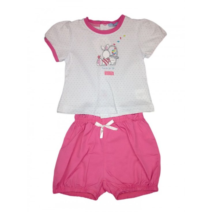 Completo 2pz maglia pantaloncino bimba neonato mezza manica Yatsi bianco fucsia 6 m