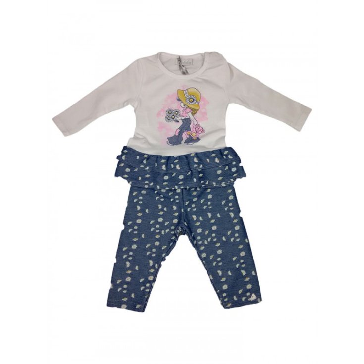 Completo 2pz maxi maglia maglietta abitino volant pantalone leggings bimba neonato Dolceluna bianco jeans 3 - 6 m