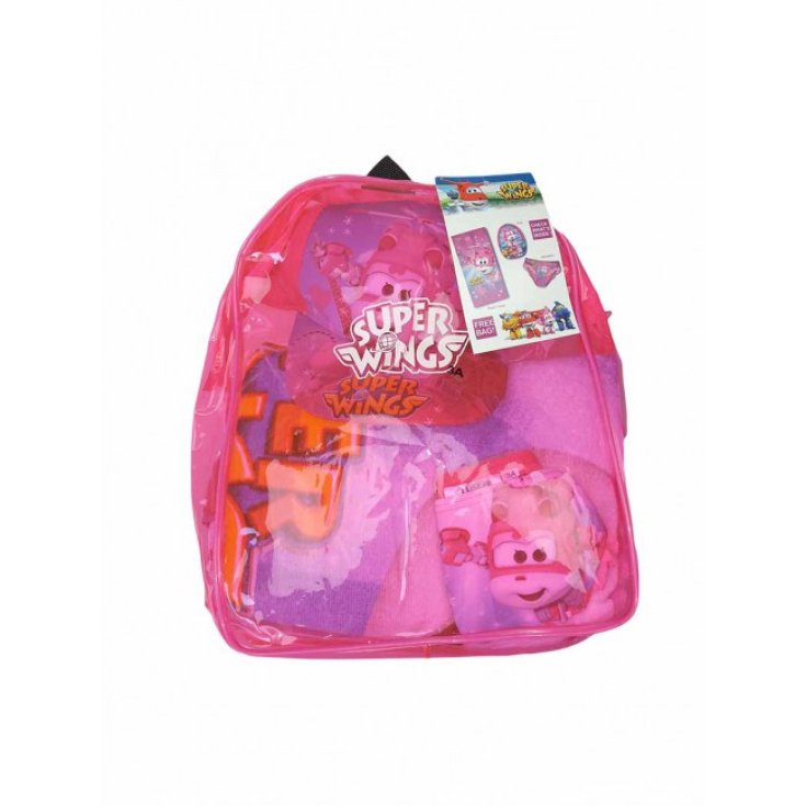 Set mare zaino telo cappello costumino slip costume da bagno bimba bambina Super Wings fucsia 4A