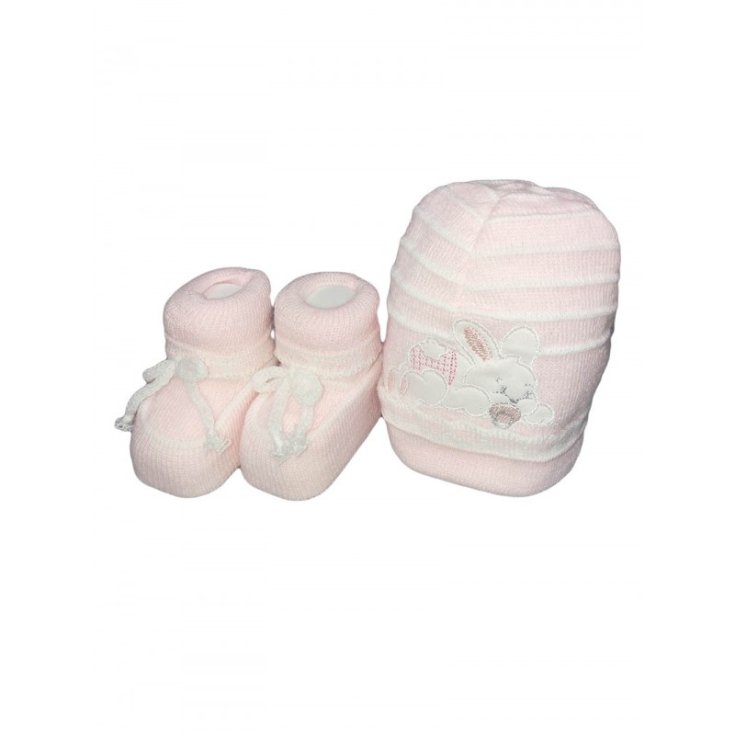 Set 2pz cappello cappellino scarpine lana La Rocca bimbo neonato ricamato bianco rosa TU