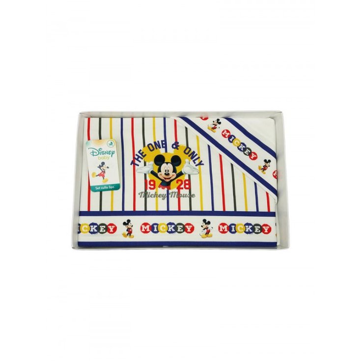 Completo 3pz culla carrozzina bimbo neonato lenzuolo stampa Mickey Disney baby bianco blu TU