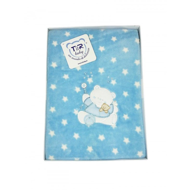 Copertina coperta T&R baby lettino culla bimbo neonato ricamo orsetto celeste TU