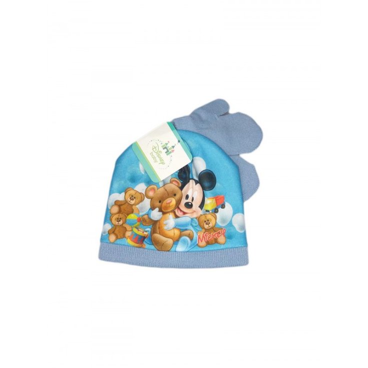 Set 2pz cappello cappellino muffole guanti bimbo bambino Disney baby Mickey cielo tg 50