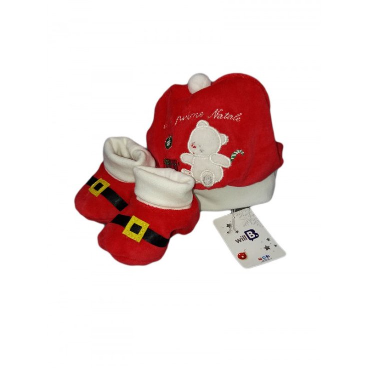 Set 2pz cappello cappellino scarpine Natale ciniglia bimbo bimba neonato Will B TU